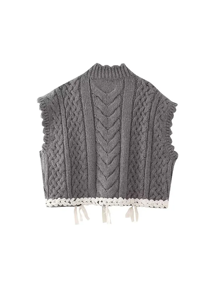 TRAF 2024 Autumn Woman Weaving Patterns Knitted Sweater Vests Fashion Vintage Sleeveless Causal Elegant Warm Loose Tops