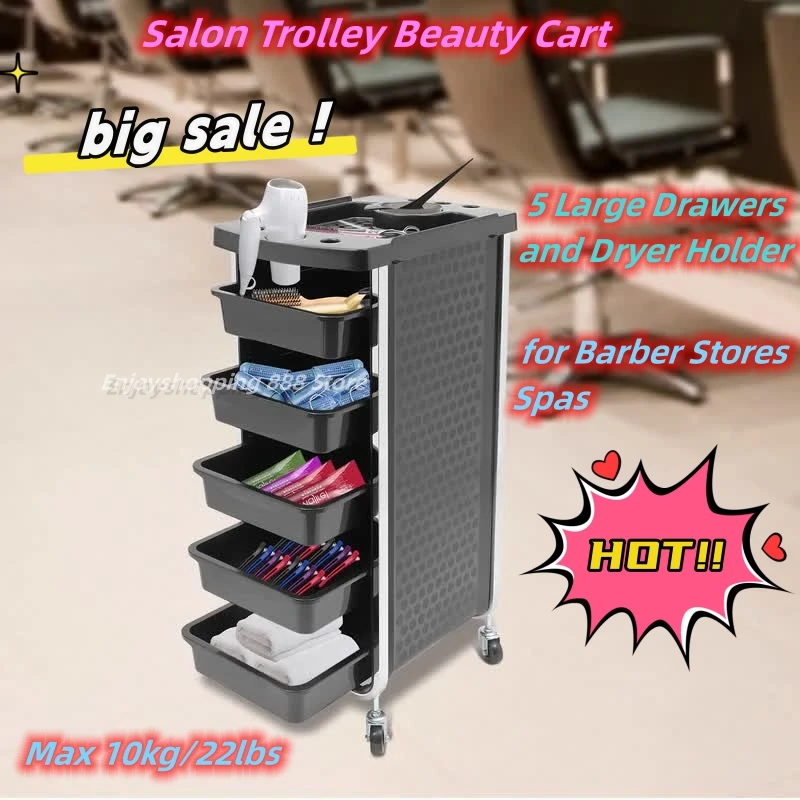 

Salon Trolley Beauty Cart with 5 Large Drawers and Dryer Holder for Barber Stores Spas