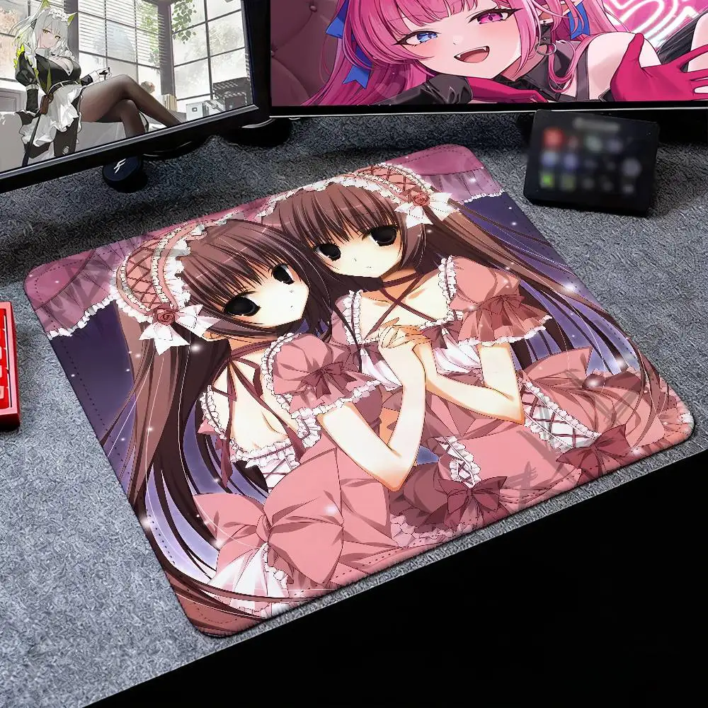 Cute Lolita Twin Girls Small Mouse Pad, Pink Frilly Dress Kawaii Manga Character Desktop Mat, Non‑Slip Rubber Base Mousepad