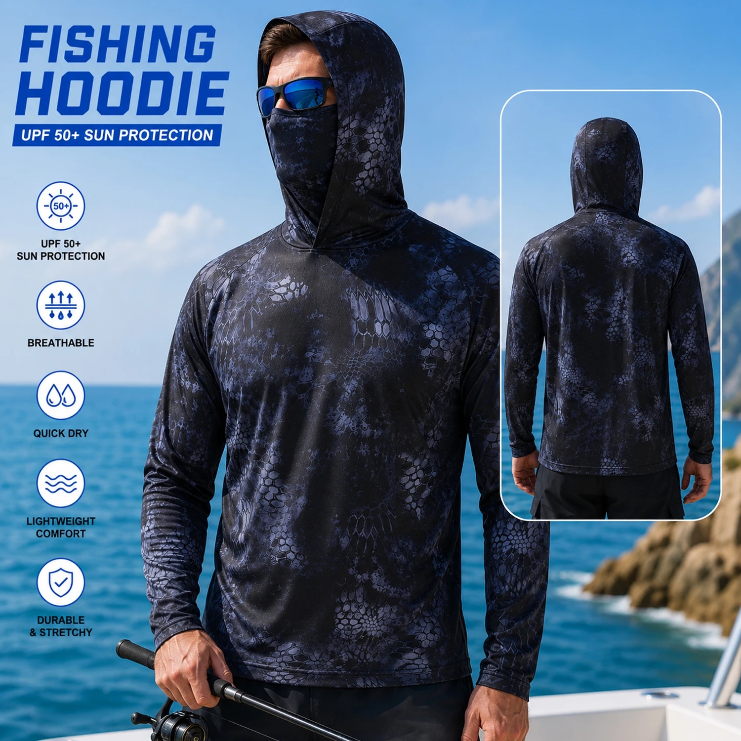 Men 3D Bass Fishing Hoodie Long Sleeve Quick Dry UV Protection Outdoor Performance Shirt for Fishing Hiking Camping Boating