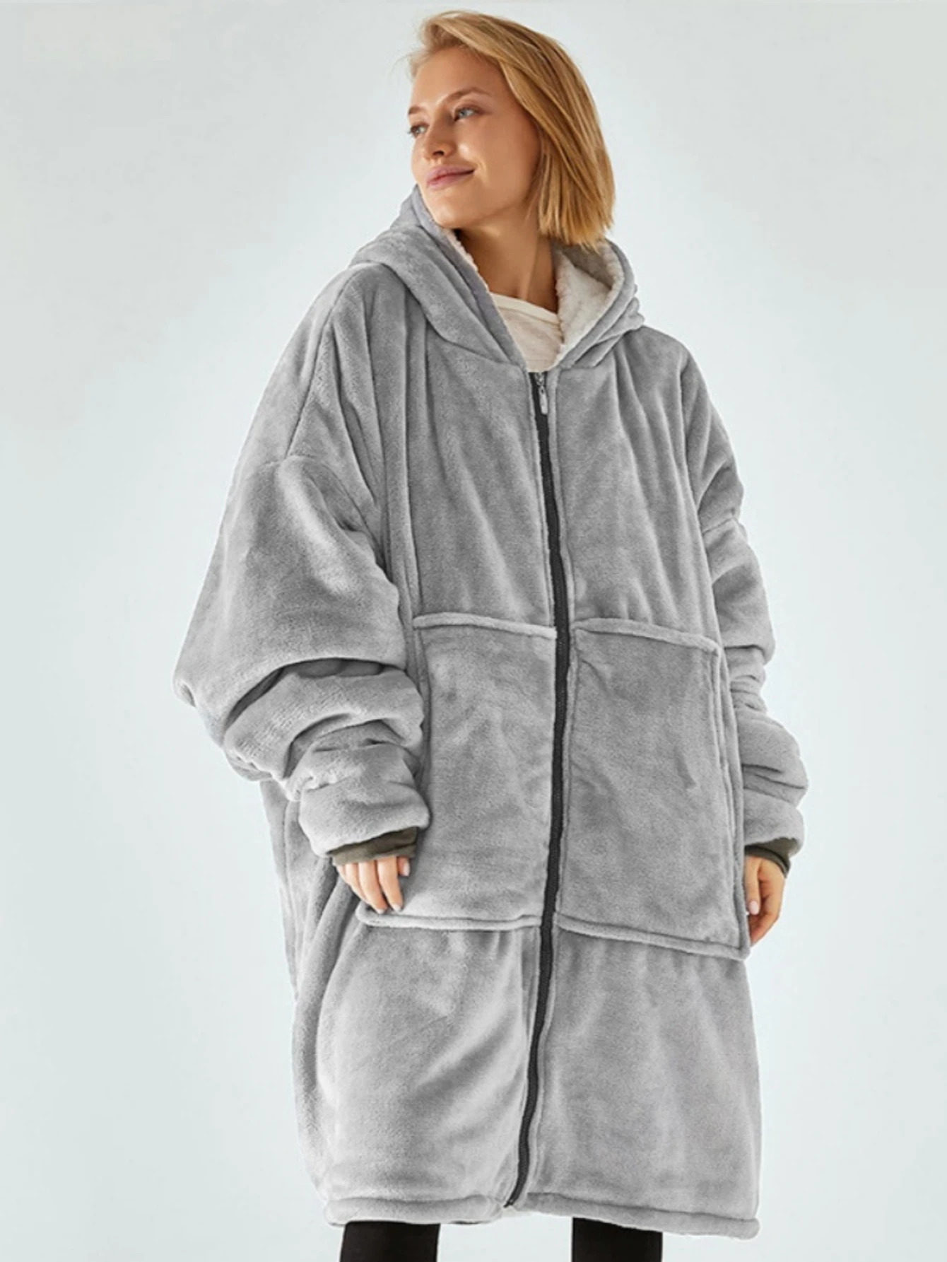 Solid color home warm plus velvet hooded zipper home clothes ladies flannel plush hooded nightgown