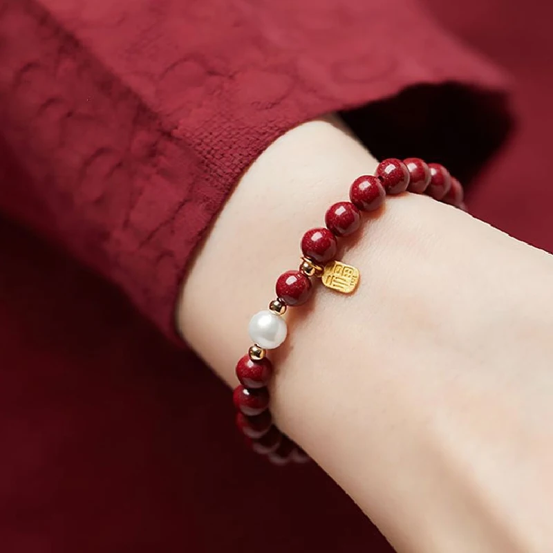 Vintage Good Luck Natural Stone Cinnabar Red Gold Color Pearl Beads Beaded Chinese Style Bracelet for Women Party Jewelry Gift - view 5