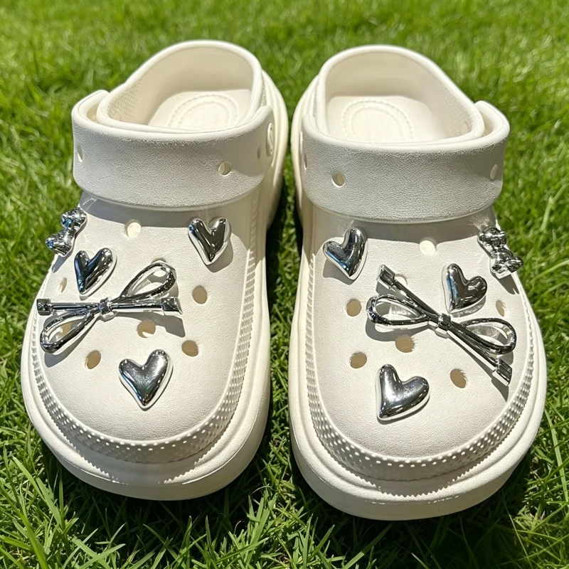 Silver Electroplated Bow Heart PVC Shoe Charms Shiny DIY Hole Sandal Decor Cute Trendy Ornaments Summer Gift for Girls Teen Lady