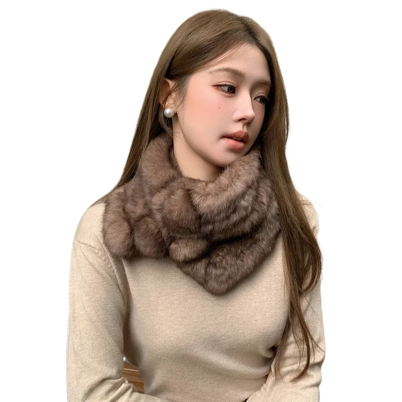 

New Winter Thickened Korean Style Rabbit Fur Double Sided Knitted Large Scarf Fur Shawl Collar With Pom Poms Warm