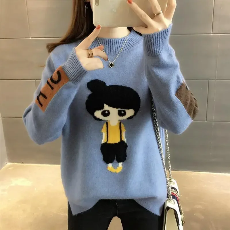 2025 Nuovo Inverno Coreano Maglione Pullover Donna O-Collo Allentato Manica Lunga Top Maglia Maglioni Donna Blu Nero Vestiti