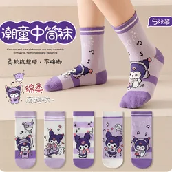 5 Pairs Sanrio Kuromi Kids Socks Kawaii New Fall Cartoon Children mid-calf socks Cotton Sock for Girls Gifts