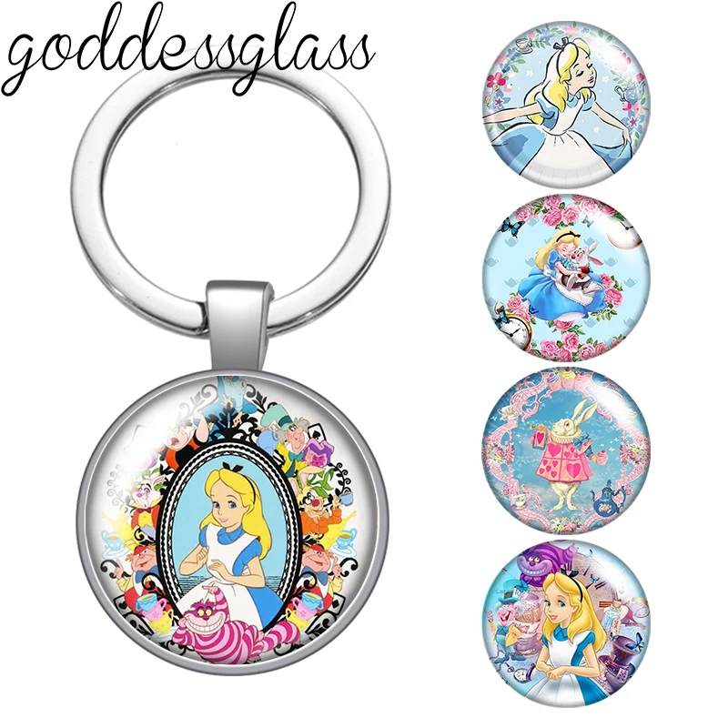 Disney Alice\'s Adventures in Wonderland glass cabochon keychain Bag Car key chain Ring Holder Charms keychains gift