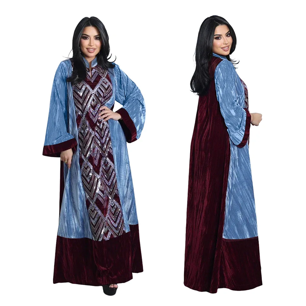 

Новое женское бархатное платье-халат 2026 года с кристаллами и пэчворком, модное, универсальное, элегантное, свободного кроя, приталенное