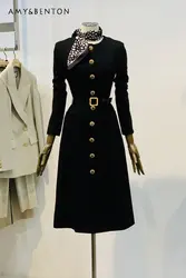 Autumn Winter New Female Elegant Single-Breasted Mid-Length Tweed Dress Women's Lace-up Long Sleeve Waist-Slimming Dress