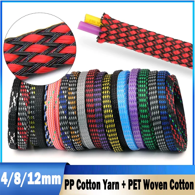2M 4mm 8mm 12mm Expanded Braid Sleeve PP Cotton Yarn + PET Woven Cotton Insulated Cable Protection Line Harness Sheath