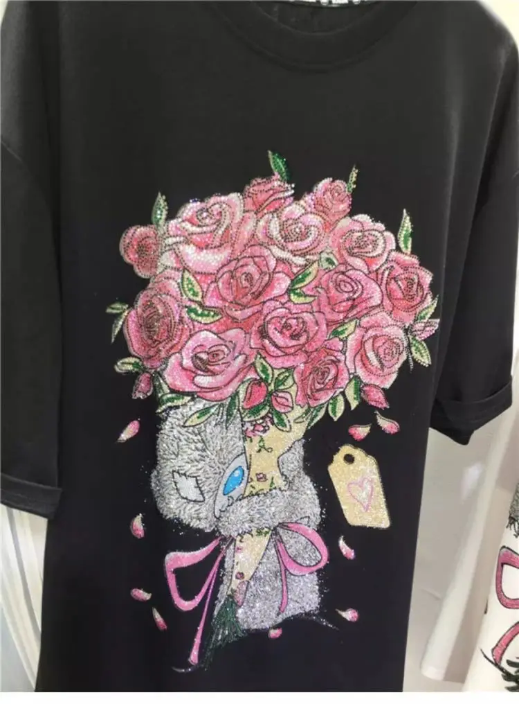 XL-4XL Plus Size 150KG Women Rhinestone T Shirt Cotton Short Sleve Bear with Flower Big Size T-shirt for Woman Oversize Tee Tops