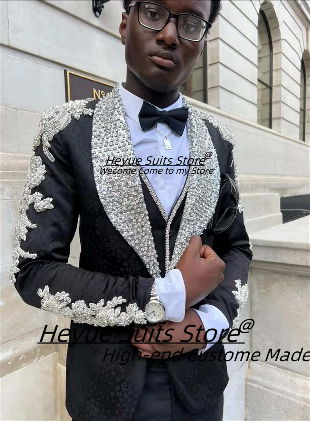 

High-end Black Groom Wedding Tuxedos 3 Pieces Sets Gorgeous Rhinestone Embroidery Formal Men Suits Male Prom Blazers Ropa Hombre
