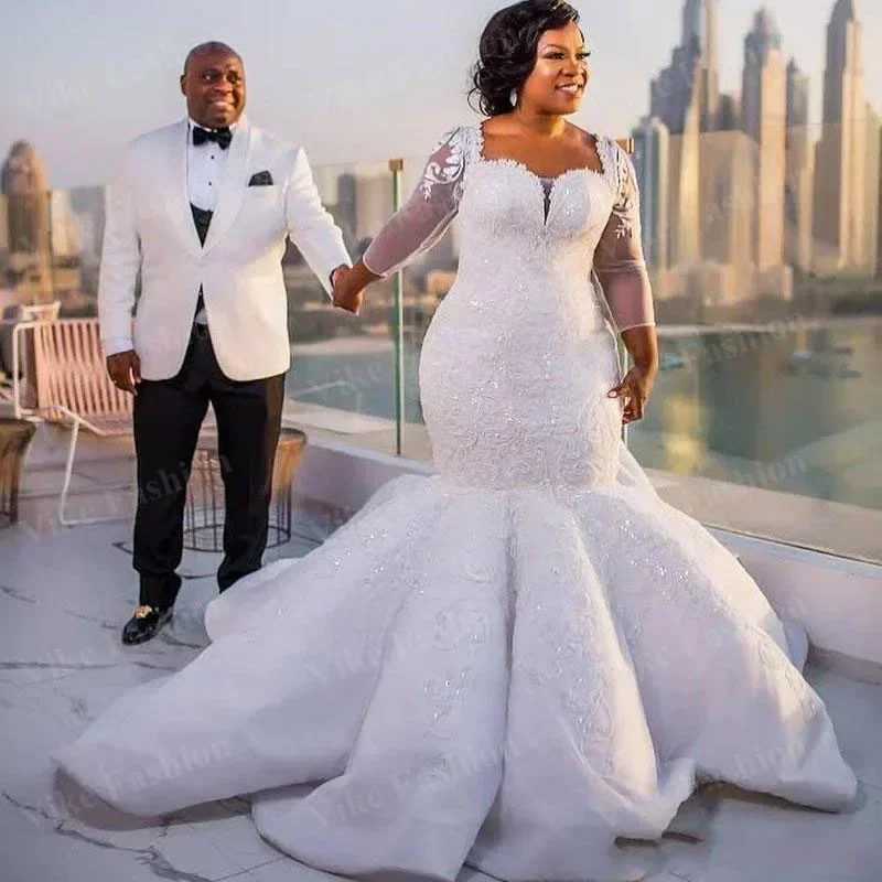 تخصيص زائد حجم طويل الأكمام حورية البحر فستان الزفاف مخصص جنوب أفريقيا العروس ماكسي أثواب ل الدهون الزفاف الدانتيل يزين #2