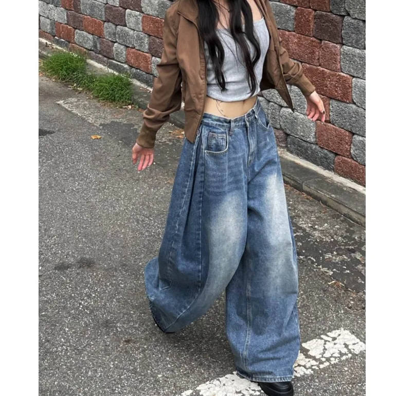 

Джинсы с высокой талией и широкими штанинами, винтажные, плиссированные, в пол, повседневный стиль, три цвета, для молодых женщин, 100% хлопок