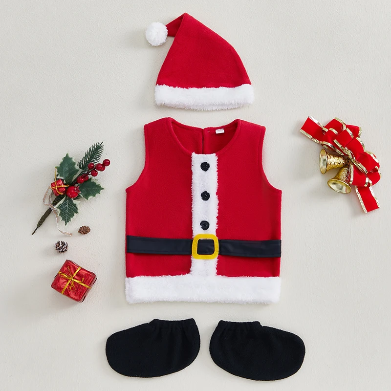 Baby Christmas Set Santa Claus Terry Trim Sleeveless Romper Hats Socks Winter Outfits