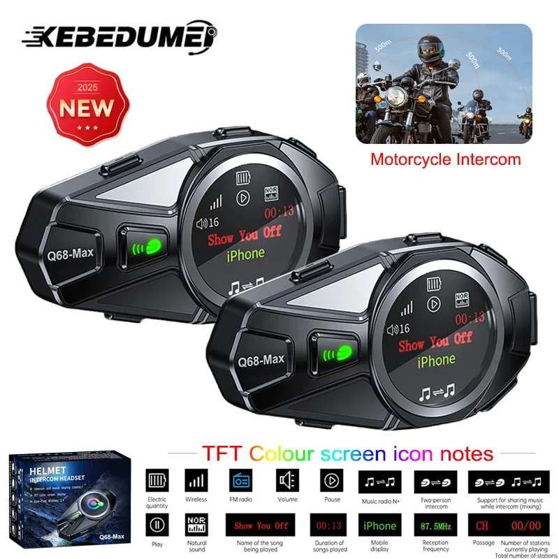 Q68 Max Motorcycle Helmet Intercom Headset BT5.4 With TFT Colour HD Screen,FM Radio,Music share Interphone Waterproof Wireless