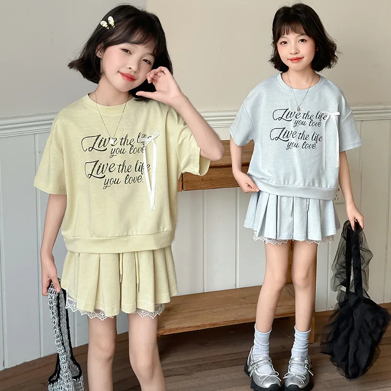 Summer New Girls Letters Casual Tracksuit short t-shirt top and bottom pleated skirt teenager children set 5 6 8 10 12 14 Year