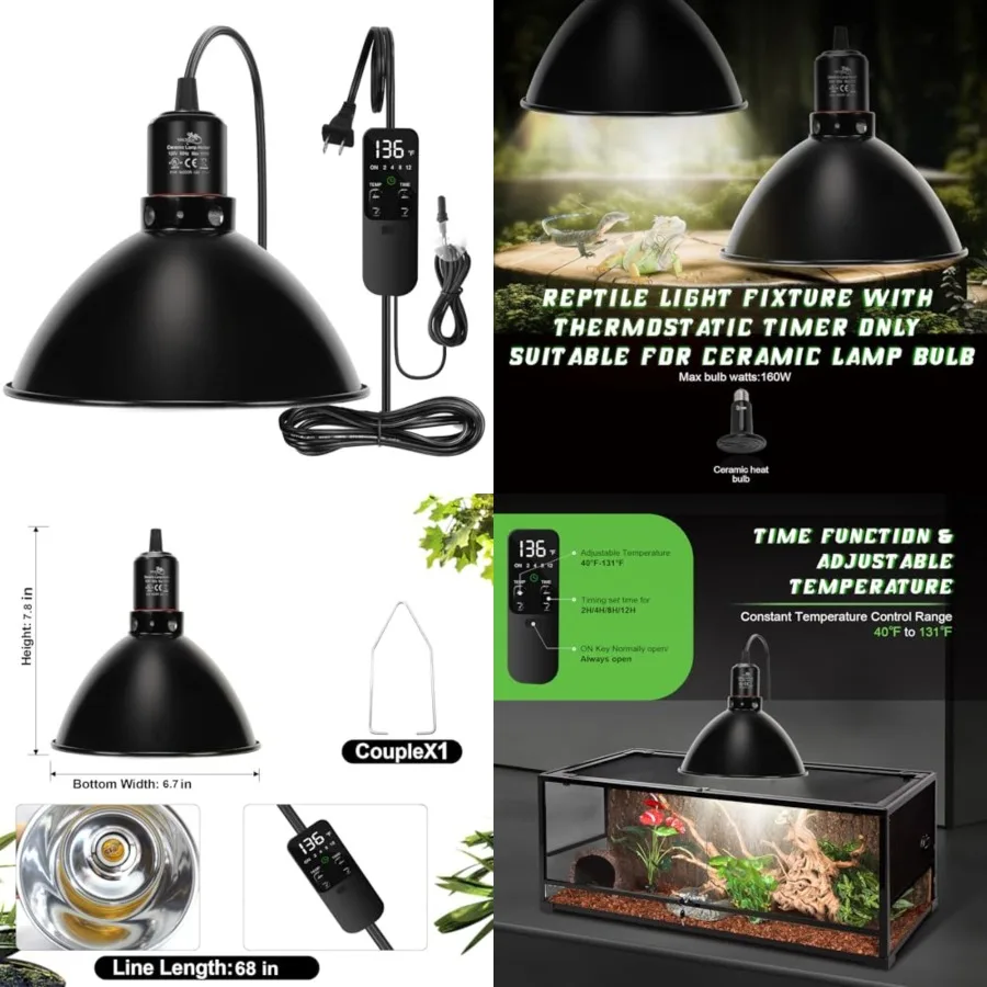 Reptile Light Fixture with Thermostatic Timer, 8.5 Inch Deep Dome Lamp Cap Reptile Heat Lamp Fixture with Separate Switches, Te