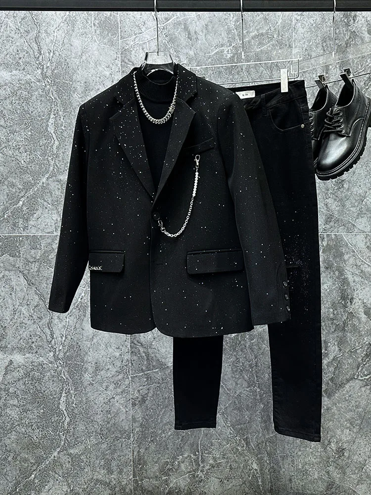 

Мужской костюм Bla Tianxing: модный пиджак с подплечниками, повседневный, весна-осень, с длинным рукавом, стандартный крой, с металлическим декором