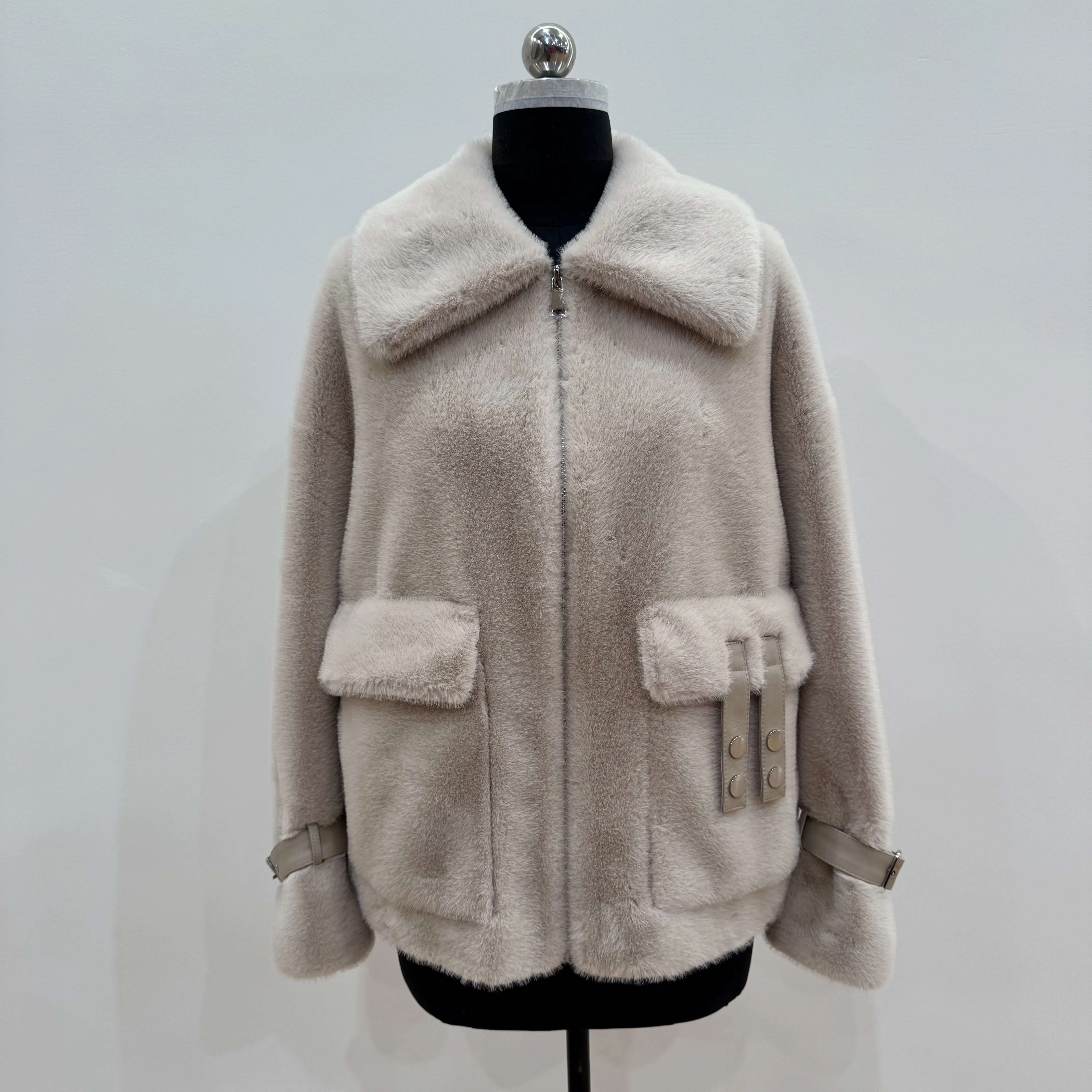 Damski futro zimowe, futro przyjazne dla środowiska, zagęszczone syntetyczne futro z norek, krótki kołnierz stojący, wiatroszczelne