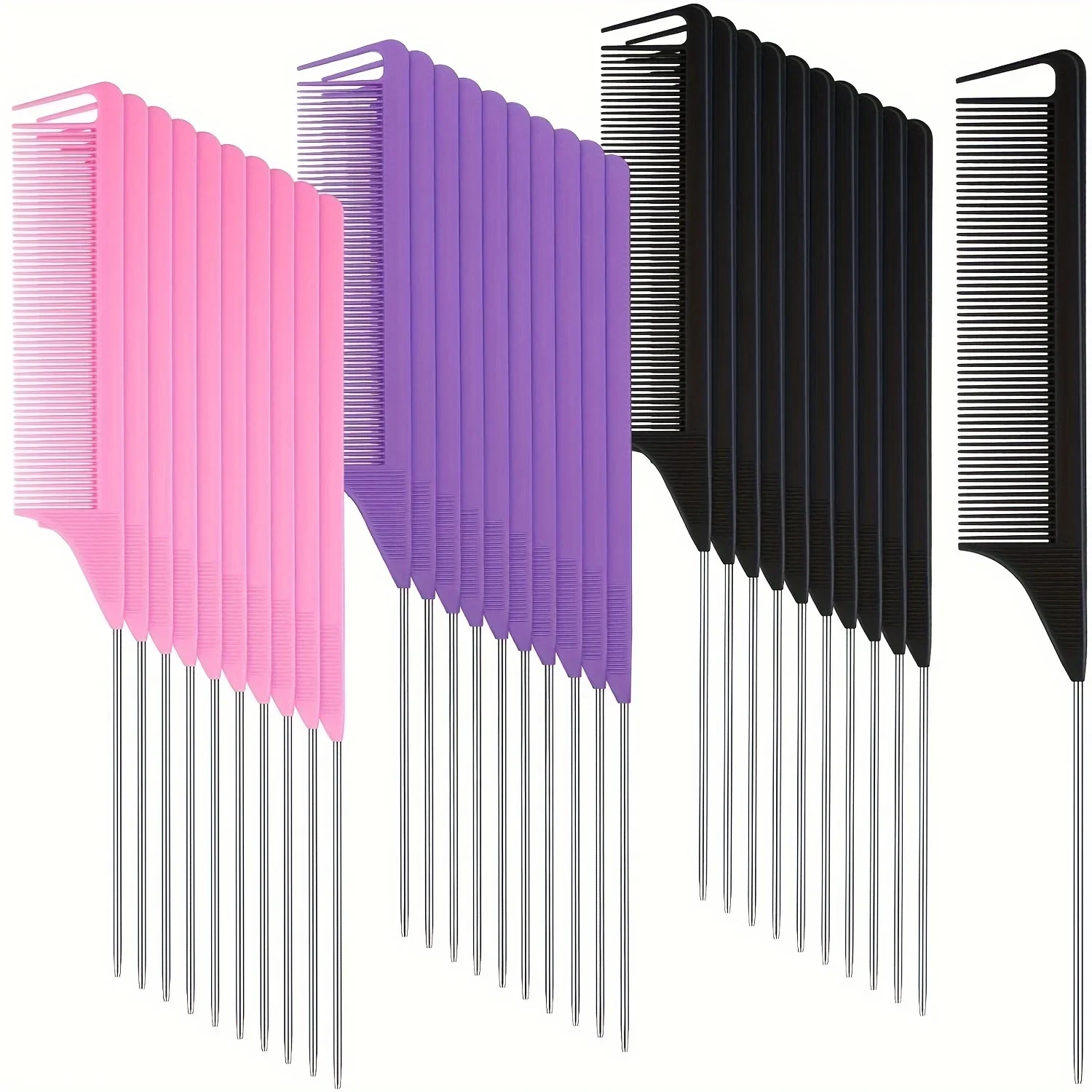 30 piece pointed tail comb set, suitable for hairstyle design, plastic comb teeth and metal handle, heat-resistant combing comb