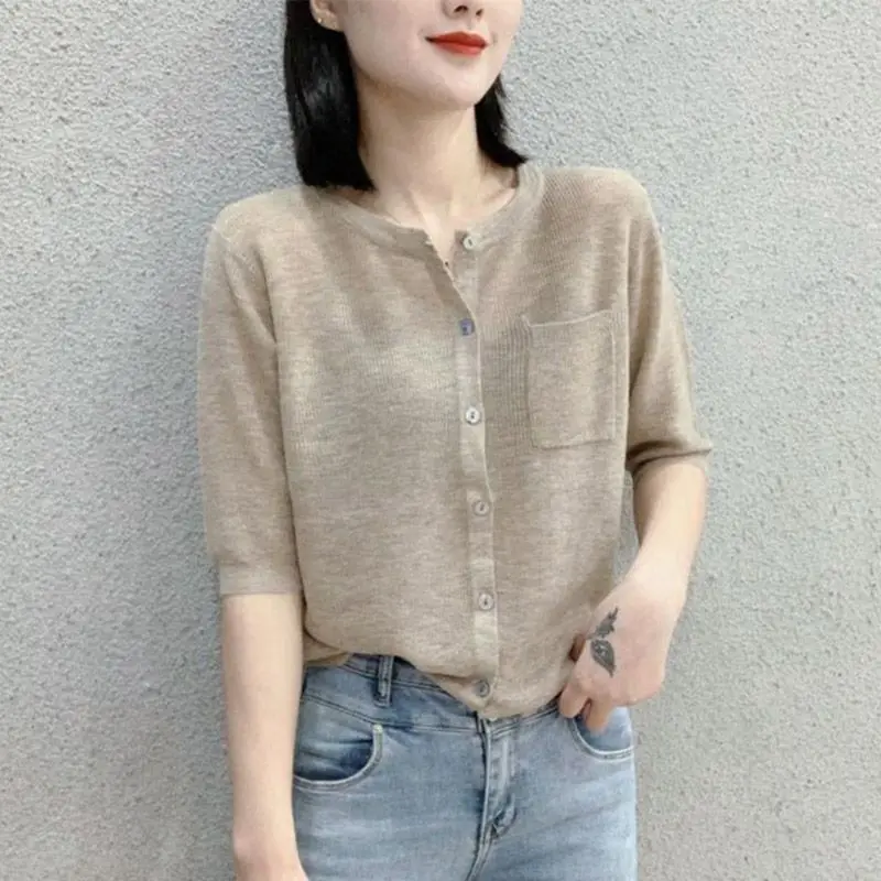 Summer Ice Silk Women's Sun Protection Clothes Slim Knitted Sweater Korean Style Loose Fit Seven Sleeve Length Q446
