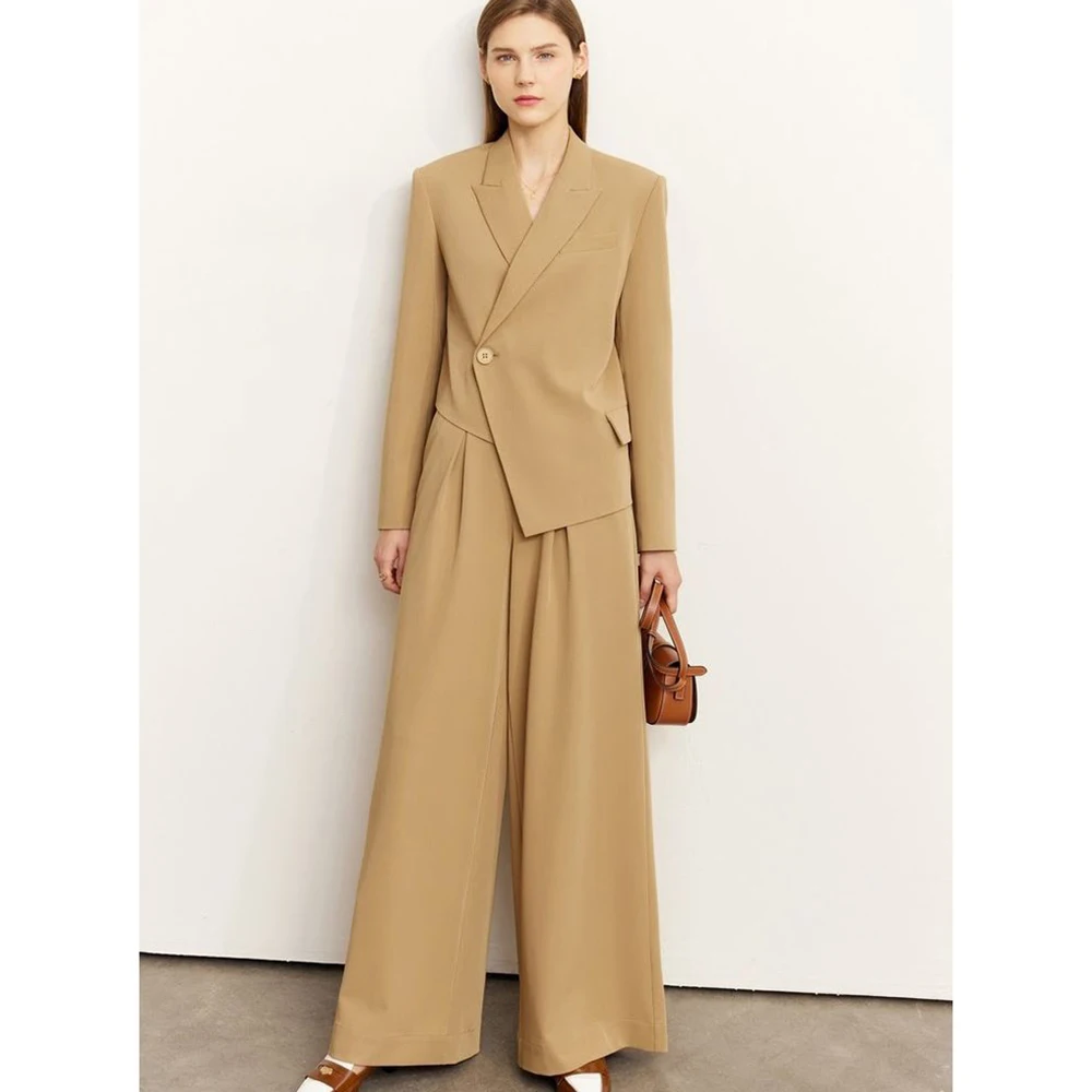 Warm-Toned Khaki Light Workplace Style Women's suit 2 Piece Jacket Pants Set Slim Fit Single-Buuton Peak Lapel Office Casual