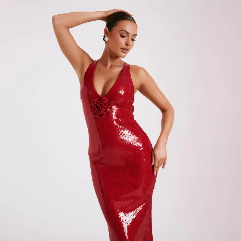 

Новый стиль полый с открытой спиной фотообои сексуальное платье красное платье с разрезом с блестками нагрудное трехмерное Цветочное платье