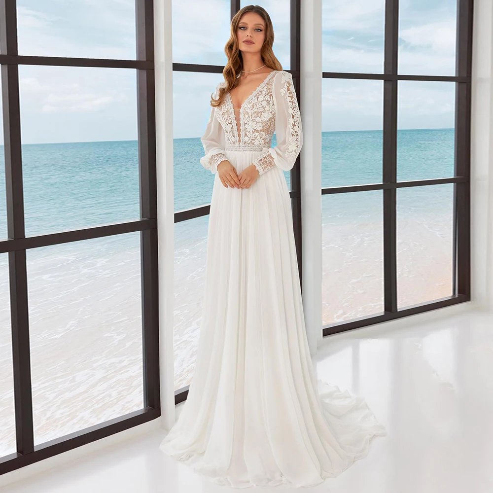 

Customized Chiffon Beach Wedding Dresses Classic Appliques Lace Long Sleeves V-Neck Bridal Gowns Court Train with Open Back 2025