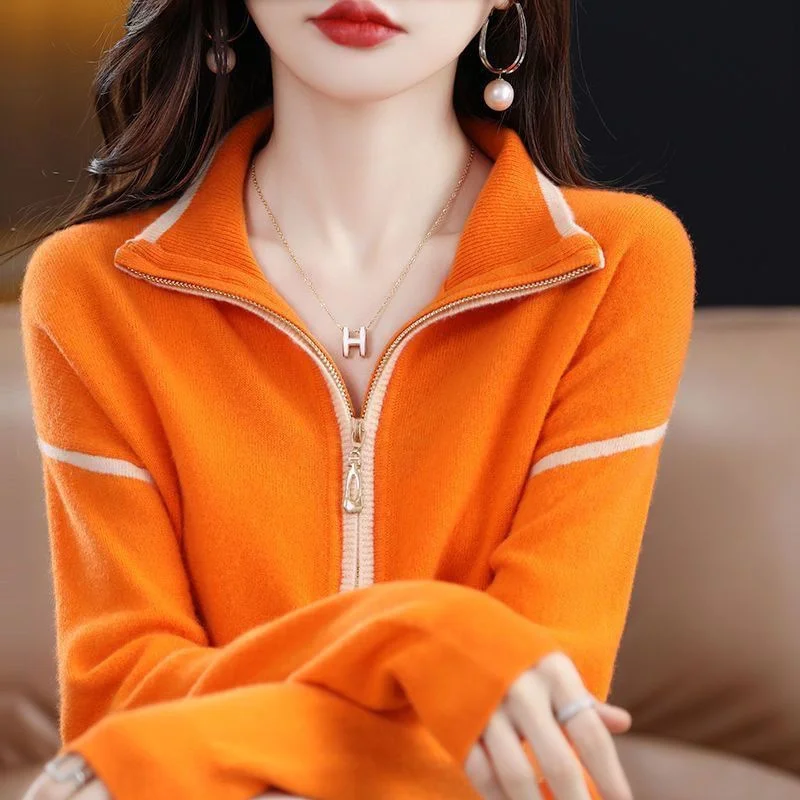 2024 Polo Collar Sweater Women\'s Half High Zipper Loose Outer Hoodie High-End Base Knit Sweater Patchwork Wool Jacket Lady