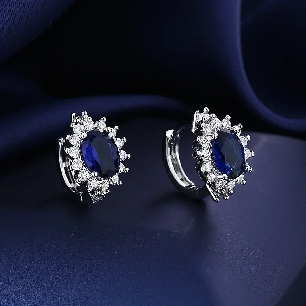 Wholesale Sweet Sapphire Earrings Jewelry Oval Shape Zircon Gemstone Stud Earrings Accessories Women Wedding Engagement