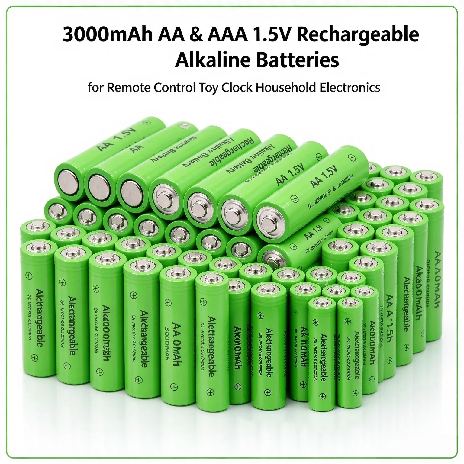 3000mAh AA & AAA 1.5V Rechargeable Alkaline Batteries, High Capacity Power Cells for Remote Control, Toy, Clock and Household El