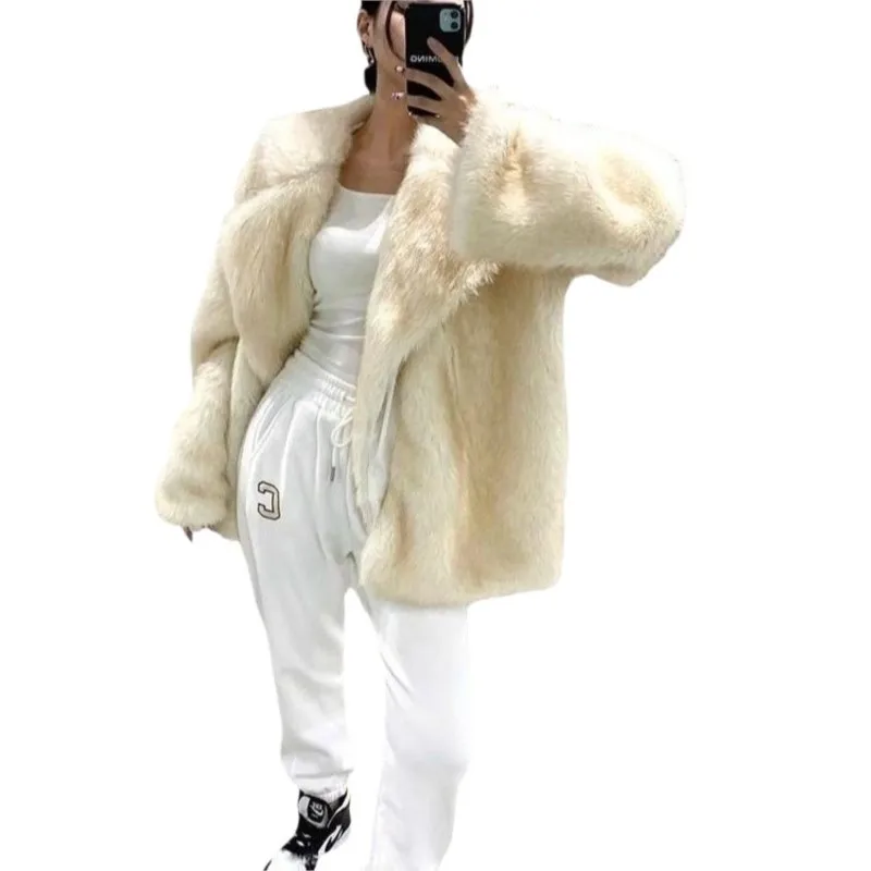 معطف فرو ومعطف نسائي جديد متوسط الطول مع طية صدر كبيرة فضفاضة عصرية من القطيفة