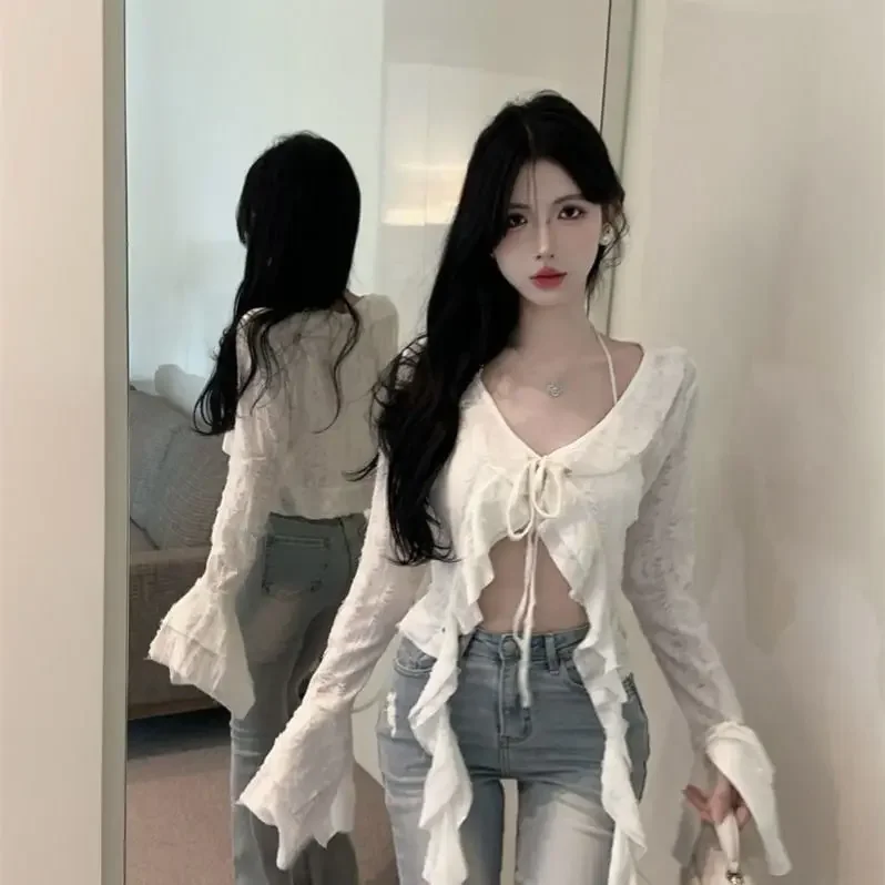 Retro Perforated Slightly Transparent Ribbon Long Sleeved Top Ruffled Edges Women Slim Fit Anti Knock T-shirt Top