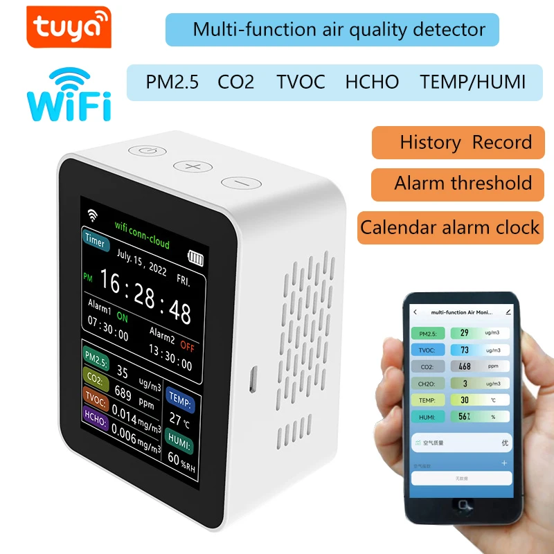 Detector Multifuncional da Qualidade do ar Pm2.5 Anion Voc Formaldeído Alarme Relógio Calendário Wifi Monitor de ar Ferramentas
