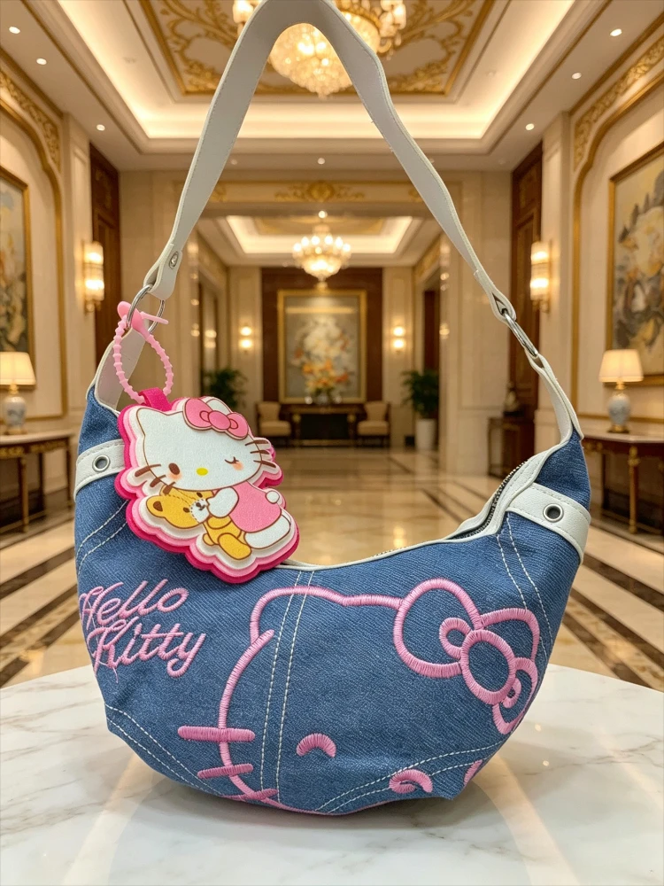 

Sanrio Hello Kitty Denim Patchwork Underarm Bag Crossbody Bag Women's Cow Horn Bag Lady Denim Bag Large Women bags for travel