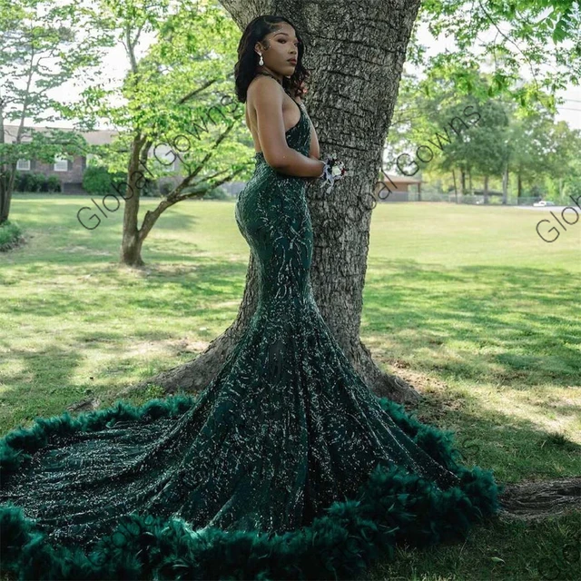 Emerald Green Prom Dress Black Girl Dark Green Glitter Prom Dress Green Halter Aliexpress