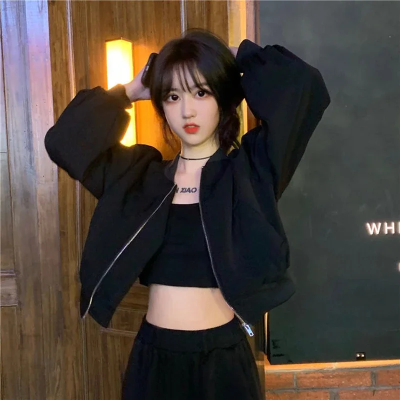 Basic Baseball Capsule Jacket Women Korean Loose Long Sleeve Fall Zipper Simple Cropped Coat Fashion Harajuku Casual Y2K Outwear
