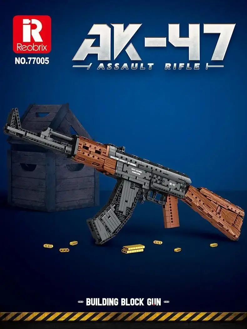 Auf Lager: Reobrix 77005 Militär-AK47-Baustein-Gewehr mit Schussfunktion, zusammengebautes Modell, Lernspielzeug für Jungen (Battl