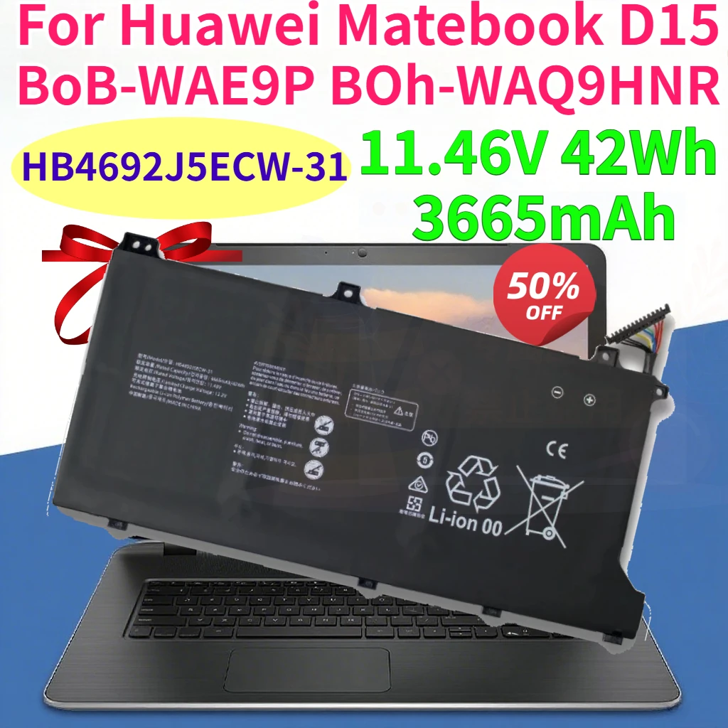 

New 11.46V 3665mAh HB4692J5ECW-31 Laptop Battery for Huawei Matebook D15 BoB-WAE9P BOh-WAQ9HNR 42Wh Replace Rechargeable Battery