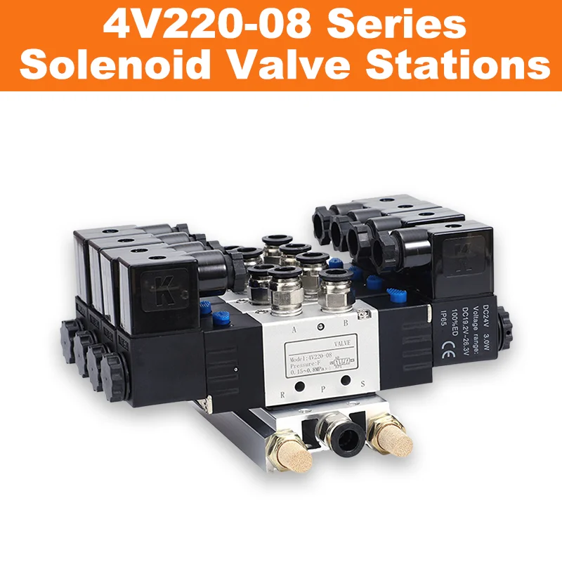 4V220-08 Series Pneumatic Solenoid Valve Station 5/2 Way Double Coil Manifold 2-10 Row with Fittings DC12V DC24V AC110V AC220V
