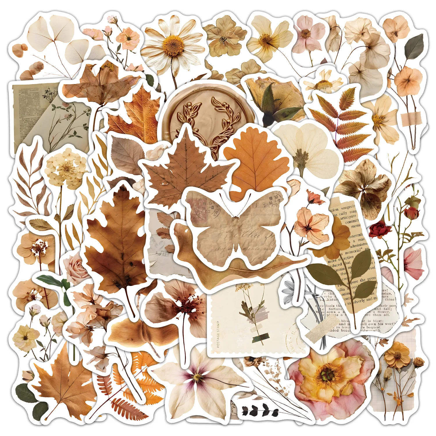 60 Pcs Dried Flowers Leaves Stickers For Scrapbooking DIY Wall Luggage Phone Case Laptop Water Bottle Desktop Decoration