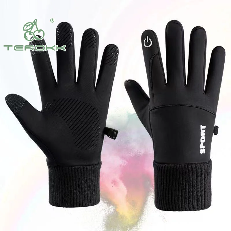 1 par de guantes de ciclismo impermeables con dedos completos cálidos de invierno para hombre, guantes de lana para deportes al aire libre, correr, motocicleta, esquí, pantalla táctil