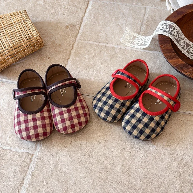 Girls Plaid Mary Jane Shoes Canvas Flats Adjustable Strap Lightweight Anti Slip Casual Shoes Daily Princess Dress Walking Shoes