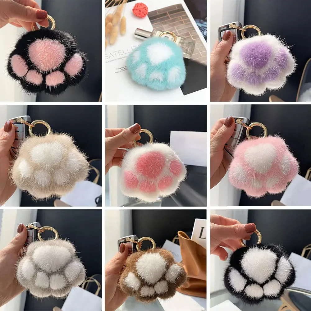 Cat Paw Pendant Keychain Couple Keychain Fluffy Faux Fur Keychain Charm Cute Soft Plush Toy Key Ring Backpack Car Key Pendant