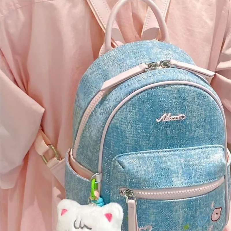Niebieski denimowy haftowany plecak z misiem damski mini delikatny plecak szkolny damski uniwersalny casualowy kompaktowy Mochilas Mujer