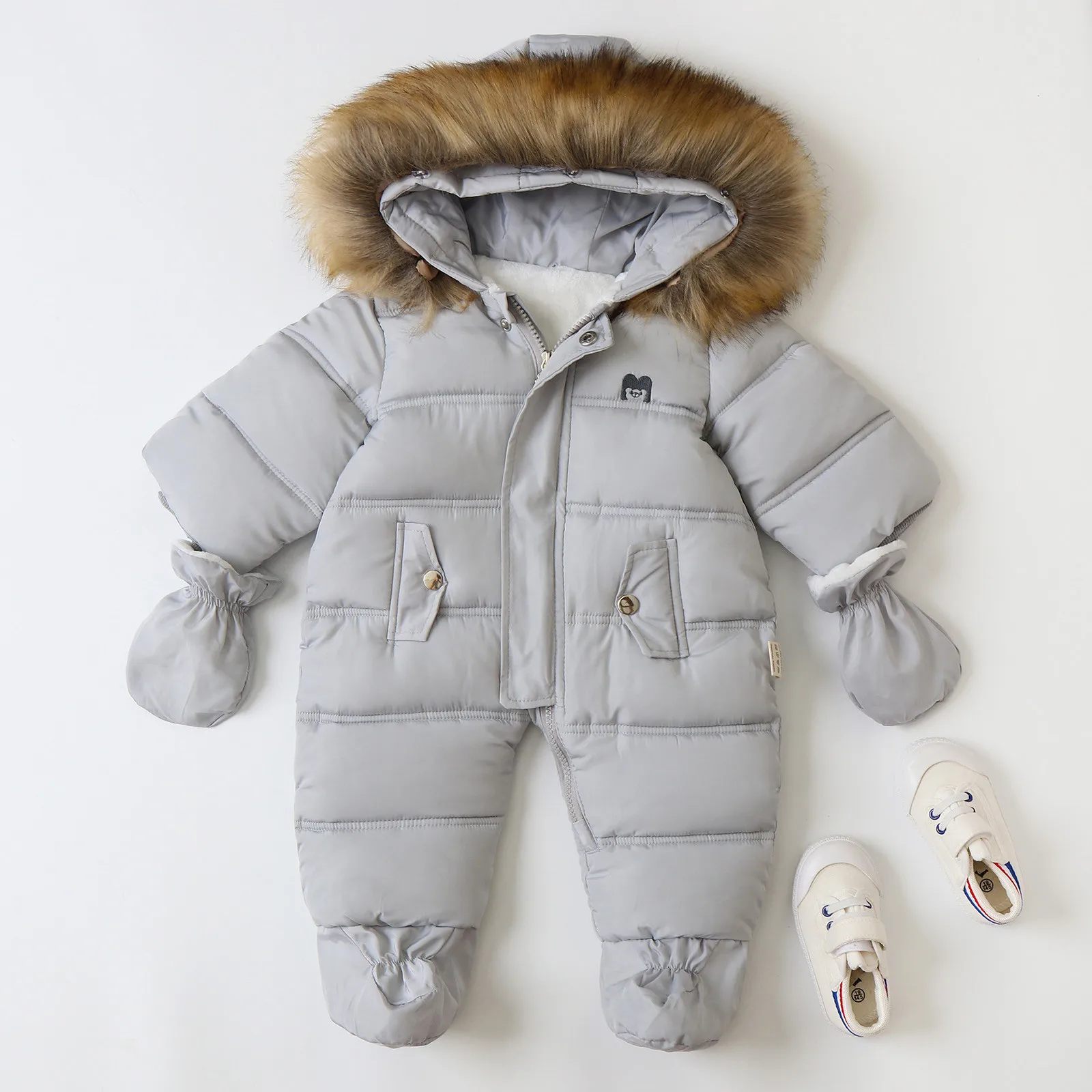 Winter New Baby Rompers Hooded Plush Children\'s Solid Color Jumpsuit Lining Jumpsuits Warm Infant Outerwear Kids Fleece Romper