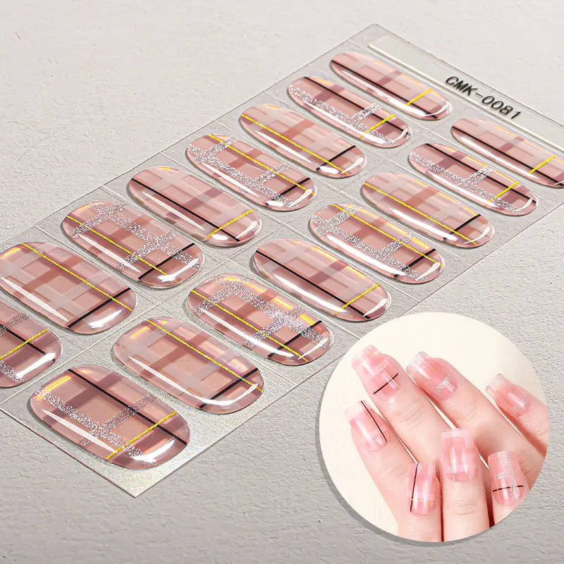 16Tips French Stripe Gel Nail Strips Full Cover Shining Polka Dot Baking-Free Gel Nail Stickers DIY Manicure Decoration