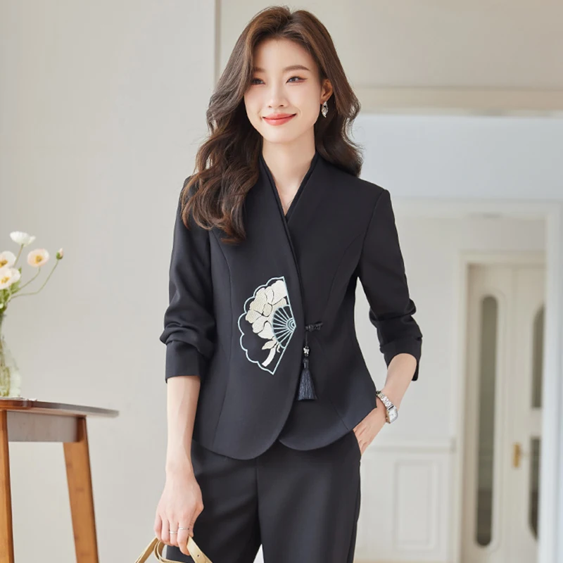 Costume de Bureau Noir Abricot pour Femme, Blazer à Manches sulf, Slim, Bouton Unique, Décontracté, Taille Haute, Pantalon Évasé, Nouvelle Mode