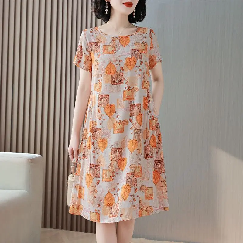 Damen Baumwoll-Rayon Kurzarm-Midikleid Sommer Lässiges Locker Sitzendes Blattdruck-Kleid in Orange & Beige